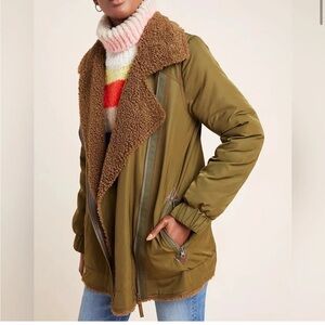 Anthropologie Olive Khaki Sherpa-Lined long bomber parka Jacket smoke/pet free🔥💰